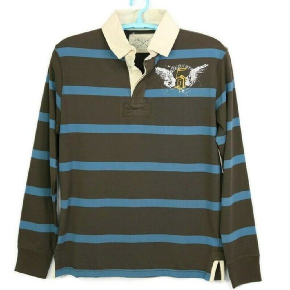 Arizona Jean Co Polo Rugby Shirt Blue Brown Striped Long Sleeve L Large‎